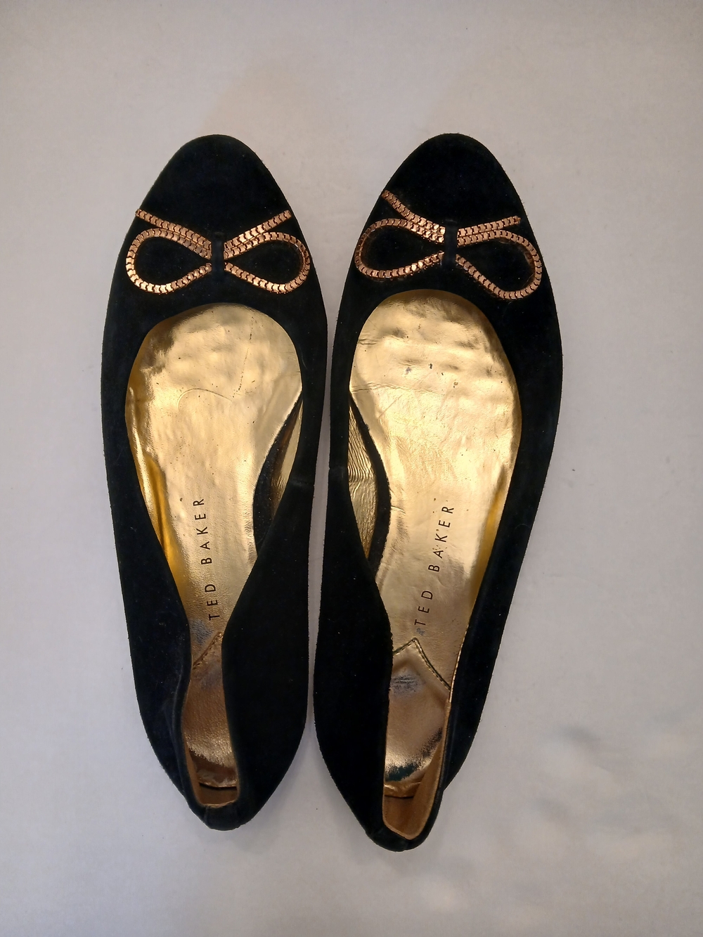 •Ted Baker• Cendra Black Suede Ballet Flats with Gold Bow Detail